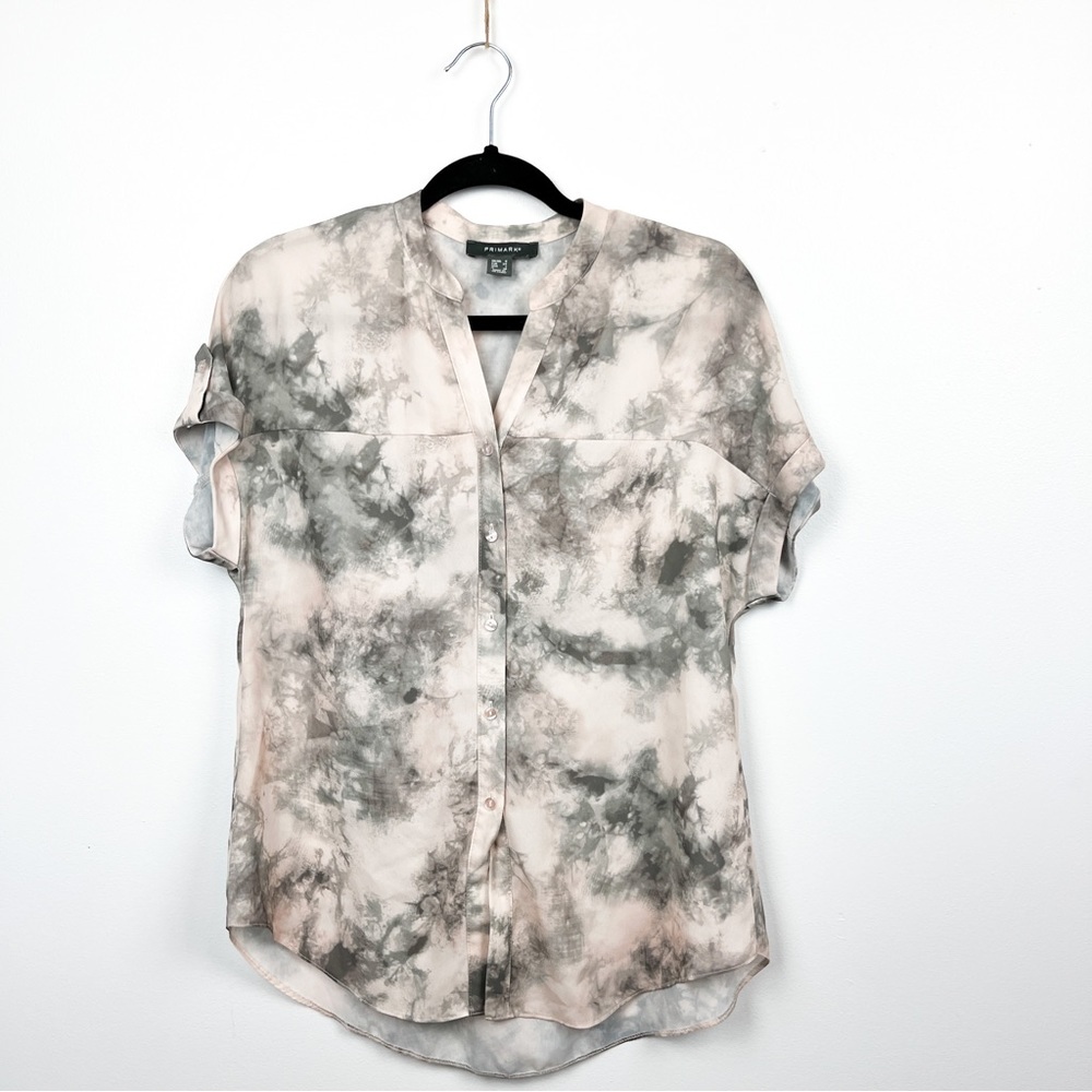 Primark Short Sleeve Soft Grey & Pink Semi-Sheer Button-Up Blouse